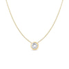 The Roberto Coin DIAMONDS BY THE INCH SINGLE BEZEL NECKLACE is an 18K gold piece featuring a round white diamond in a simple bezel pendant, ideal for layering and shown on a white background.