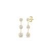 The TINY TREASURES THREE BEZEL DANGLE EARRINGS by Roberto Coin are 18K gold drop earrings with three vertically arranged, bezel-set clear gemstones—timeless jewelry for any occasion, shown on a white background.
