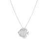 The TINY TREASURES DIAMOND FISH NECKLACE by Roberto Coin features a fish-shaped pendant in 18K white gold, accented with sparkling diamonds and displayed on a plain white background.