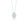 The TINY TREASURES DIAMOND HAMSA NECKLACE by Roberto Coin features a silver Hamsa hand pendant with diamonds and an eye motif, beautifully displayed on a white background.