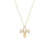 The TINY TREASURES DIAMOND FLEUR-DE-LIS NECKLACE by Roberto Coin features a delicate 18K yellow gold chain with a diamond fleur-de-lis pendant, displayed against a plain white background.