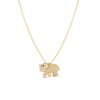 The Roberto Coin TINY TREASURES BLUE SAPPHIRE AND DIAMOND ELEPHANT NECKLACE features an 18K yellow gold elephant pendant with blue sapphires, diamond accents, and a black gemstone eye, shown on a white background.