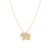 The Roberto Coin TINY TREASURES BLUE SAPPHIRE AND DIAMOND ELEPHANT NECKLACE features an 18K yellow gold elephant pendant with blue sapphires, diamond accents, and a black gemstone eye, shown on a white background.