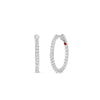 THE PERFECT DIAMOND HOOP® X SMALL INSIDE OUTSIDE EARRINGS by Roberto Coin—silver hoops encrusted with clear diamonds. One earring is shown front-facing, the other sideways, highlighting their sparkle and a signature small red accent near the clasp.
