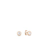 TINY TREASURES BEZEL STUD EARRINGS by Roberto Coin: round diamond studs in 18K gold bezel settings with butterfly backs, shown on a white background.