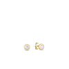 The TINY TREASURES BEZEL STUD EARRINGS by Roberto Coin are 18K gold studs, each showcasing a single round gemstone in a classic bezel setting, displayed on a plain white background.
