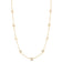 Yellow gold necklace with thirteen round diamond stations on a white background