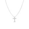 The TINY TREASURES SMALL DIAMOND SQUARE CROSS NECKLACE by Roberto Coin showcases a sparkling diamond-adorned square cross pendant in 18K white gold, elegantly displayed on a white background.