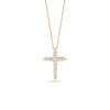 The TINY TREASURE DIAMOND CROSS NECKLACE by Roberto Coin features a delicate 18K gold cross pendant set with sparkling round diamonds, shown against a white background.