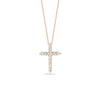 The TINY TREASURE DIAMOND CROSS NECKLACE by Roberto Coin features a delicate 18K gold cross pendant set with sparkling round diamonds, shown against a white background.
