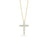 The TINY TREASURE DIAMOND CROSS NECKLACE by Roberto Coin, crafted in 18K gold with a cross pendant adorned with sparkling round diamonds, is elegantly showcased on a plain white background.