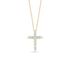 The TINY TREASURE DIAMOND CROSS NECKLACE by Roberto Coin, crafted in 18K gold with a cross pendant adorned with sparkling round diamonds, is elegantly showcased on a plain white background.