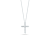 The Roberto Coin TINY TREASURES LARGE DIAMOND CROSS NECKLACE, crafted in 18K white gold and set with sparkling diamonds, is elegantly showcased against a plain white background.