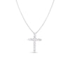 The Roberto Coin TINY TREASURES EXTRA LARGE DIAMOND CROSS NECKLACE features a striking 18K white gold cross pendant encrusted with round diamonds, displayed on a slender silver chain against a plain white background.