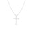 The Roberto Coin TINY TREASURES EXTRA LARGE DIAMOND CROSS NECKLACE features a striking 18K white gold cross pendant encrusted with round diamonds, displayed on a slender silver chain against a plain white background.