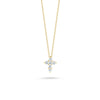 The Roberto Coin TINY TREASURES MINI DIAMOND CROSS NECKLACE features a delicate 18K gold chain with a petite, diamond-studded cross pendant—an elegant, timeless piece displayed against a white background.