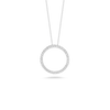 The TINY TREASURES MEDIUM DIAMOND CIRCLE NECKLACE by Roberto Coin features a delicate silver chain and a sparkling diamond-encrusted pendant, displayed on a plain white background—ideal for minimalist jewelry lovers.