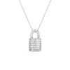 The TINY TREASURES PAVE DIAMOND LOCK NECKLACE by Roberto Coin features a modern silver chain with a padlock-shaped pendant encrusted in neat rows of pavé diamonds, blending elegance and contemporary style.