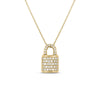 The Roberto Coin TINY TREASURES PAVE DIAMOND LOCK NECKLACE features a padlock-shaped pendant with pavé diamonds in 18K gold, suspended from a delicate gold chain and shown against a white background.