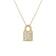 The Roberto Coin TINY TREASURES PAVE DIAMOND LOCK NECKLACE features a padlock-shaped pendant with pavé diamonds in 18K gold, suspended from a delicate gold chain and shown against a white background.