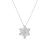 The Roberto Coin TINY TREASURES DIAMOND SNOWFLAKE NECKLACE is an 18K white gold piece featuring a delicate, diamond-adorned snowflake pendant on a fine chain, shown against a white background.