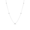 The Roberto Coin DIAMONDS BY THE INCH FIVE STATION NECKLACE showcases five evenly spaced round diamonds set along a fine chain, elegantly displayed on a plain white background.