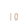 THE PERFECT DIAMOND HOOP® PETITE INSIDE OUTSIDE EARRINGS by Roberto Coin feature petite 18K gold hoops, each set with rows of round white diamonds. Shown displayed side and front view against a white background.