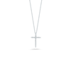 The Roberto Coin TINY TREASURES DIAMOND SLIVER CROSS NECKLACE is a delicate silver chain with a sparkling diamond cross pendant, offering minimalist elegance that stands out against any plain backdrop.