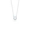 The Roberto Coin TINY TREASURES DIAMOND HORSESHOE NECKLACE features an 18K white gold chain with a diamond-encrusted horseshoe pendant, shown beautifully on a white background.