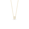 The TINY TREASURES DIAMOND LOVE LETTER NECKLACE by Roberto Coin showcases an 18K gold letter B pendant adorned with sparkling diamonds, displayed against a plain white background.
