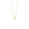 The Roberto Coin TINY TREASURES DIAMOND LOVE LETTER NECKLACE features an 18K gold chain with a diamond-encrusted "D" pendant, shown against a white background.