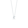 Silver necklace with delicate chain and small rectangular pendant set with diamonds.