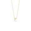 The TINY TREASURES DIAMOND LOVE LETTER NECKLACE by Roberto Coin is an 18K gold piece featuring a small, diamond-encrusted letter F pendant, beautifully showcased against a white background.