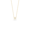 The Roberto Coin TINY TREASURES DIAMOND LOVE LETTER NECKLACE features an H-shaped diamond pendant with sparkling accents, elegantly set on a gold chain against a plain white background.