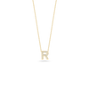 The Roberto Coin Tiny Treasures Diamond Love Letter Necklace features a dainty diamond-encrusted letter R pendant on 18K gold, displayed against a plain white background.