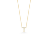 The Roberto Coin TINY TREASURES DIAMOND LOVE LETTER NECKLACE features an 18K gold design with a sparkling vertical letter T diamond pendant, shown elegantly on a white background.