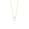 The Roberto Coin TINY TREASURES DIAMOND LOVE LETTER NECKLACE is an 18K gold piece with a U-shaped diamond pendant, adorned with sparkling white gemstones, shown against a plain white background.