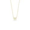 The TINY TREASURES DIAMOND LOVE LETTER NECKLACE by Roberto Coin showcases an 18K gold "W" pendant adorned with sparkling diamonds, elegantly displayed on a white background.