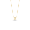 The TINY TREASURES DIAMOND LOVE LETTER NECKLACE by Roberto Coin showcases a petite X-shaped diamond pendant in 18K gold, accented with clear stones, and is elegantly presented against a plain white backdrop.