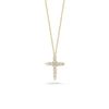 The Roberto Coin TINY TREASURES DIAMOND TAPERED CROSS NECKLACE is crafted in 18K white gold, featuring a diamond-encrusted cross pendant, elegantly shown on a plain white background.