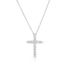 White gold diamond cross necklace on a white background