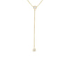 The Roberto Coin DIAMONDS BY THE INCH DANGLE BEZEL NECKLACE is an Italian-crafted 18K yellow gold Y-necklace, featuring two round bezel-set diamonds—one at the center and one on the drop chain—displayed on a white background.