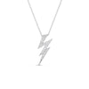 The TINY TREASURES DIAMOND LIGHTNING BOLT NECKLACE by Roberto Coin features an 18K white gold chain with a diamond-encrusted lightning bolt pendant, elegantly displayed on a white background.