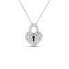 The Roberto Coin TINY TREASURES DIAMOND HEART LOCK NECKLACE features a heart-shaped 18K white gold pendant with sparkling diamonds and a keyhole at the center, shown against a white background.