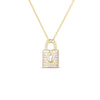Gold chain necklace with diamond-encrusted padlock pendant featuring a keyhole cutout.