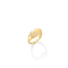 The DESIGNER GOLD LARGE DIAMOND SIGNET RING by Roberto Coin is crafted in 18K gold, showcasing an oval face with five small round white gemstones in an asymmetrical layout. Photographed on a plain white background.