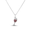 White gold wine glass necklace with orange sapphire and diamond accents on a white background
