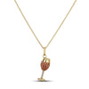 Yellow gold wine glass necklace with orange sapphire and diamond accents on a white background