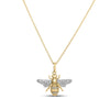 Yellow and white gold bumblebee necklace with diamond accents on a white background