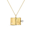 Yellow and white gold necklace showing inside cover and first page of book pendant on a white white background